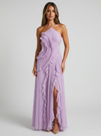 Women's Pleated Halter Maxi Dress Elegant Wedding Guest Dress