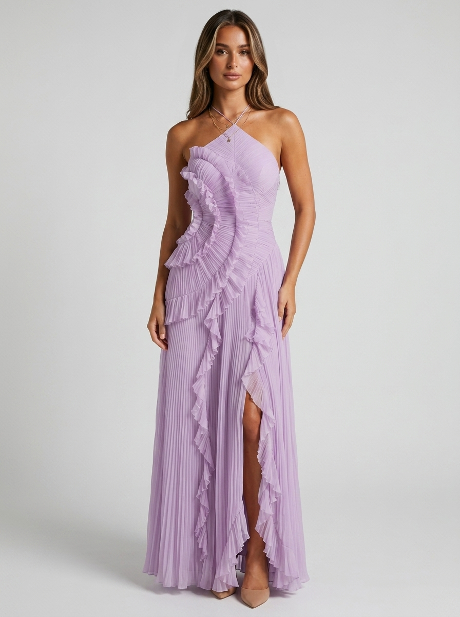 Women's Pleated Halter Maxi Dress Elegant Wedding Guest Dress
