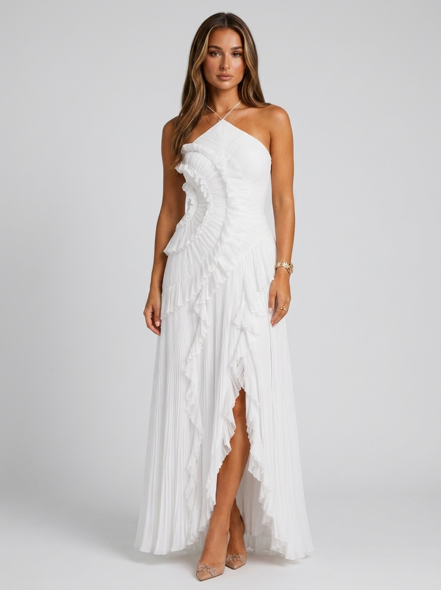 Women's Pleated Halter Maxi Dress Elegant Wedding Guest Dress