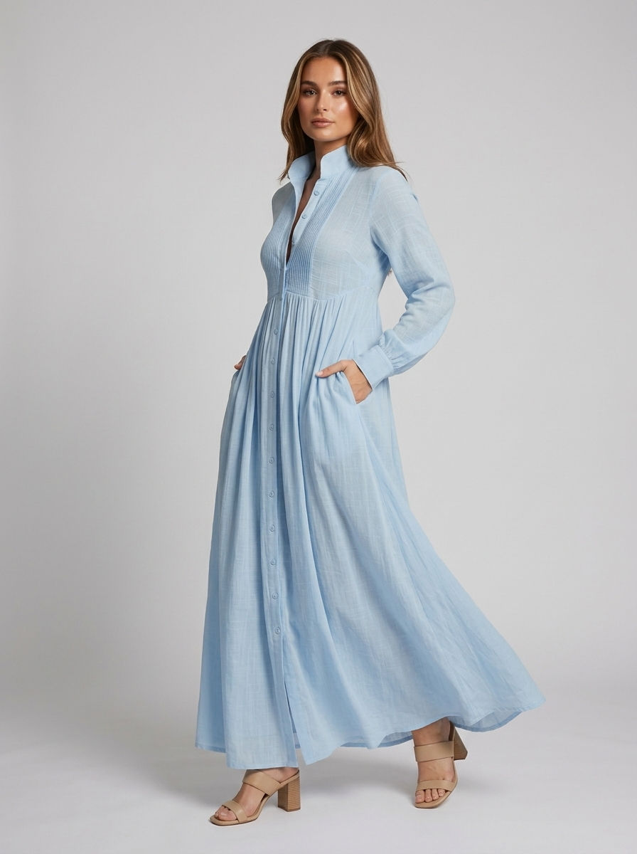 Women's Button Front Maxi Dress Long Sleeve Flowing Summer Dress