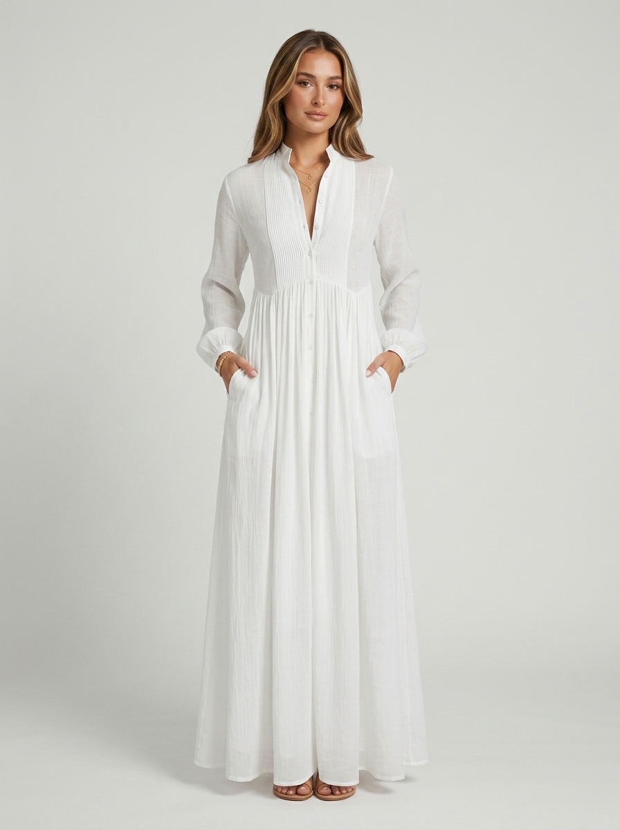 Women's Button Front Maxi Dress Long Sleeve Flowing Summer Dress