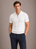 Men's Ribbed Zip Polo Shirt – Slim Fit Short Sleeve