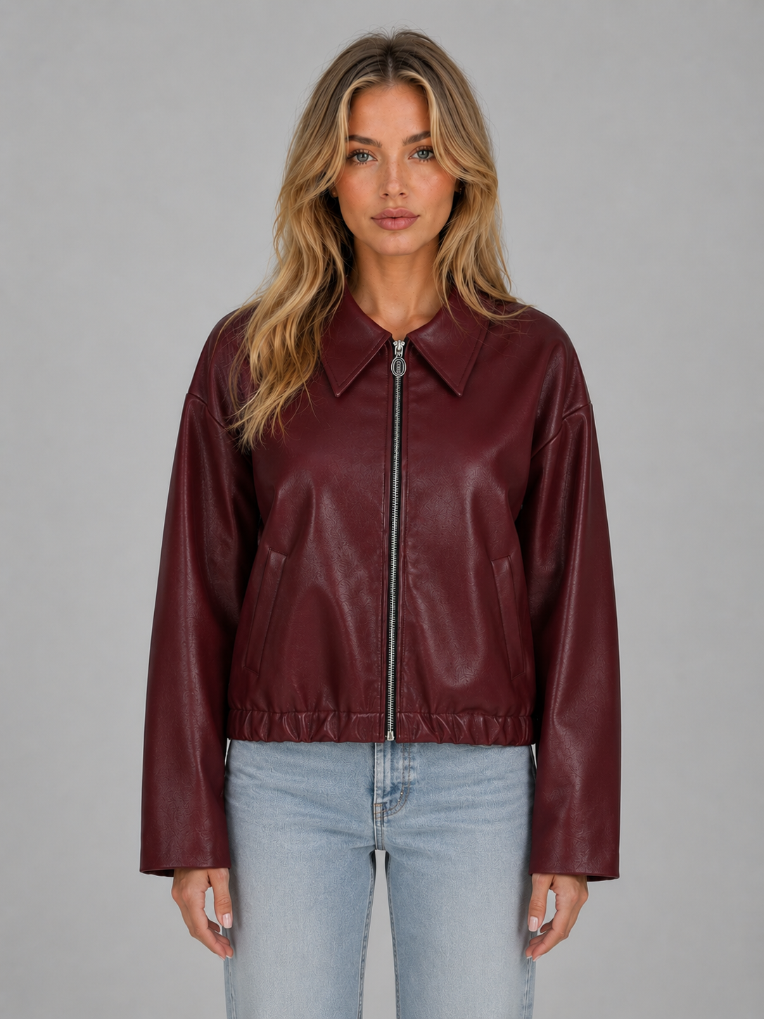 Women’s Faux Leather Zip Jacket – Cropped Fit with Pockets