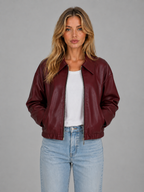 Women’s Faux Leather Zip Jacket – Cropped Fit with Pockets