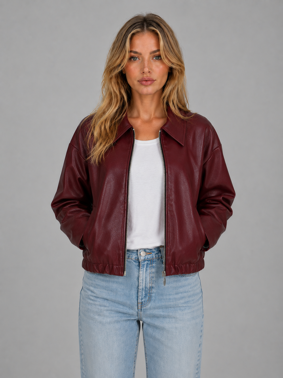 Women’s Faux Leather Zip Jacket – Cropped Fit with Pockets