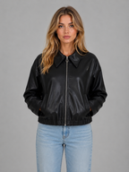 Women’s Faux Leather Zip Jacket – Cropped Fit with Pockets