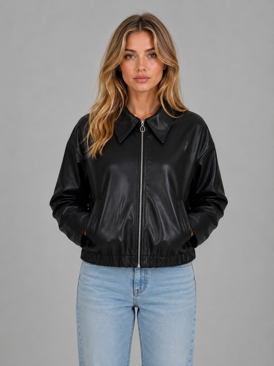 Women’s Faux Leather Zip Jacket – Cropped Fit with Pockets