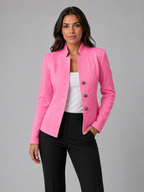 Women’s Collarless Textured Blazer – Tailored Button Jacket