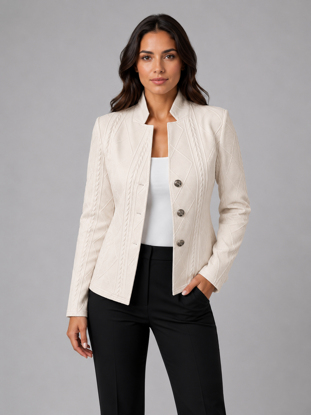 Women’s Collarless Textured Blazer – Tailored Button Jacket