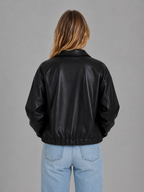 Women’s Faux Leather Zip Jacket – Cropped Fit with Pockets