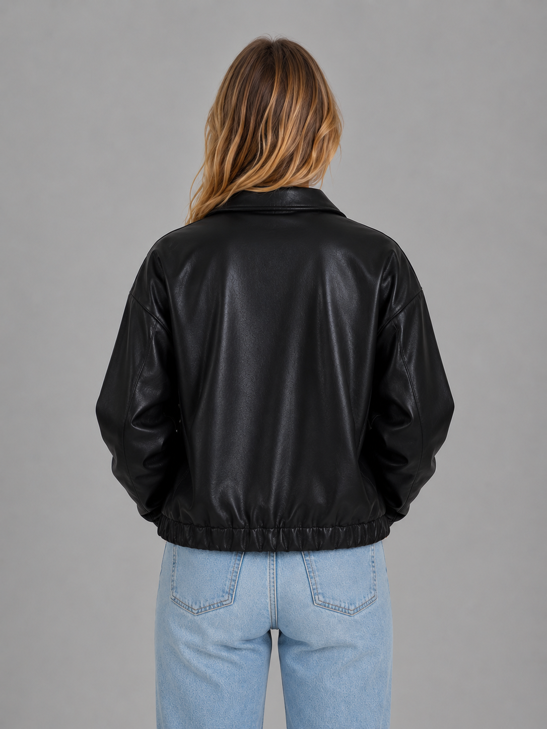 Women’s Faux Leather Zip Jacket – Cropped Fit with Pockets