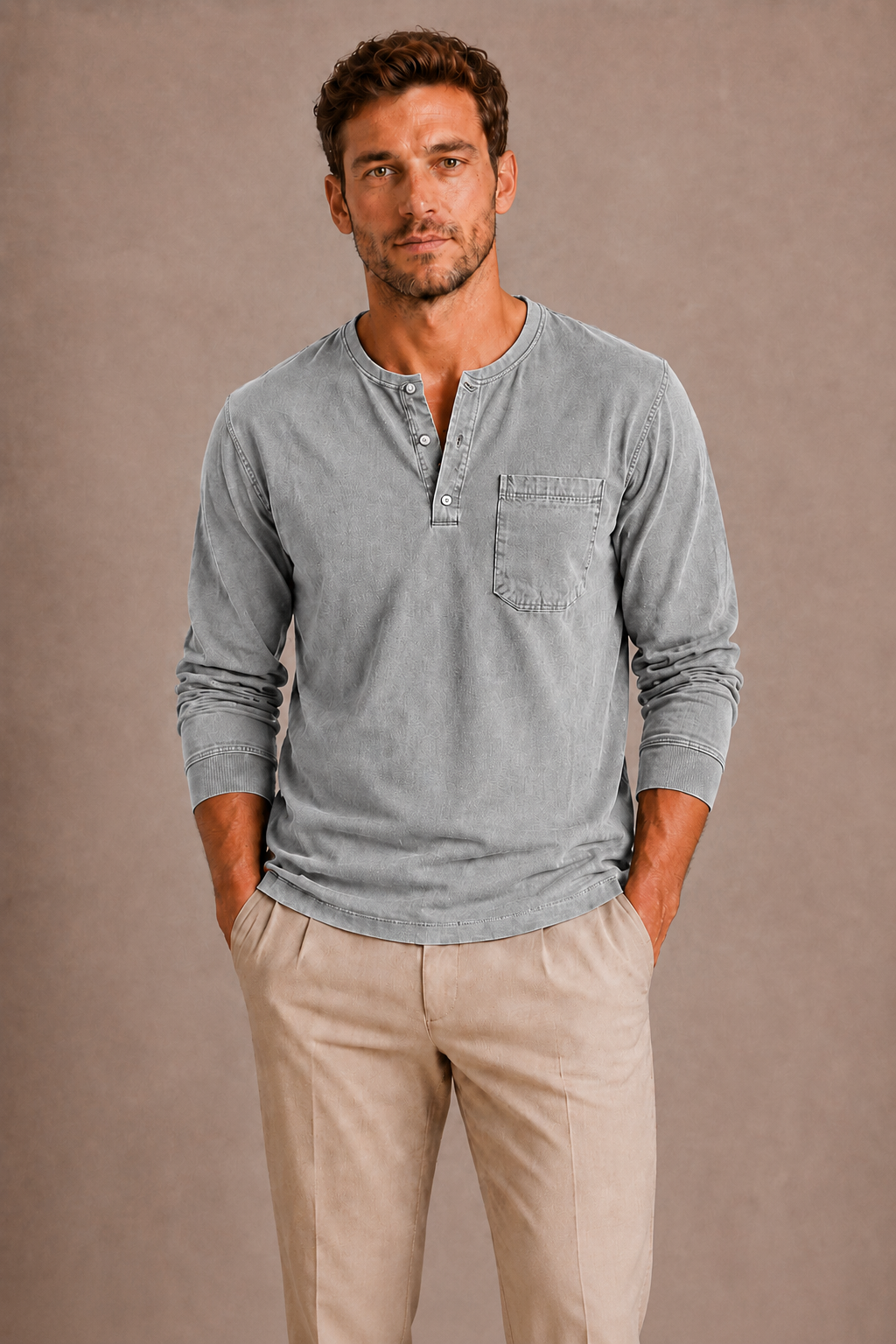 Men's Long Sleeve Henley Shirt – Casual Regular Fit
