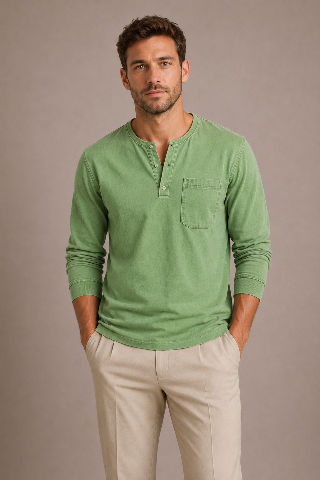 Men's Long Sleeve Henley Shirt – Casual Regular Fit