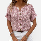 Women's Floral Button-Up Blouse Lightweight Short Sleeve Top