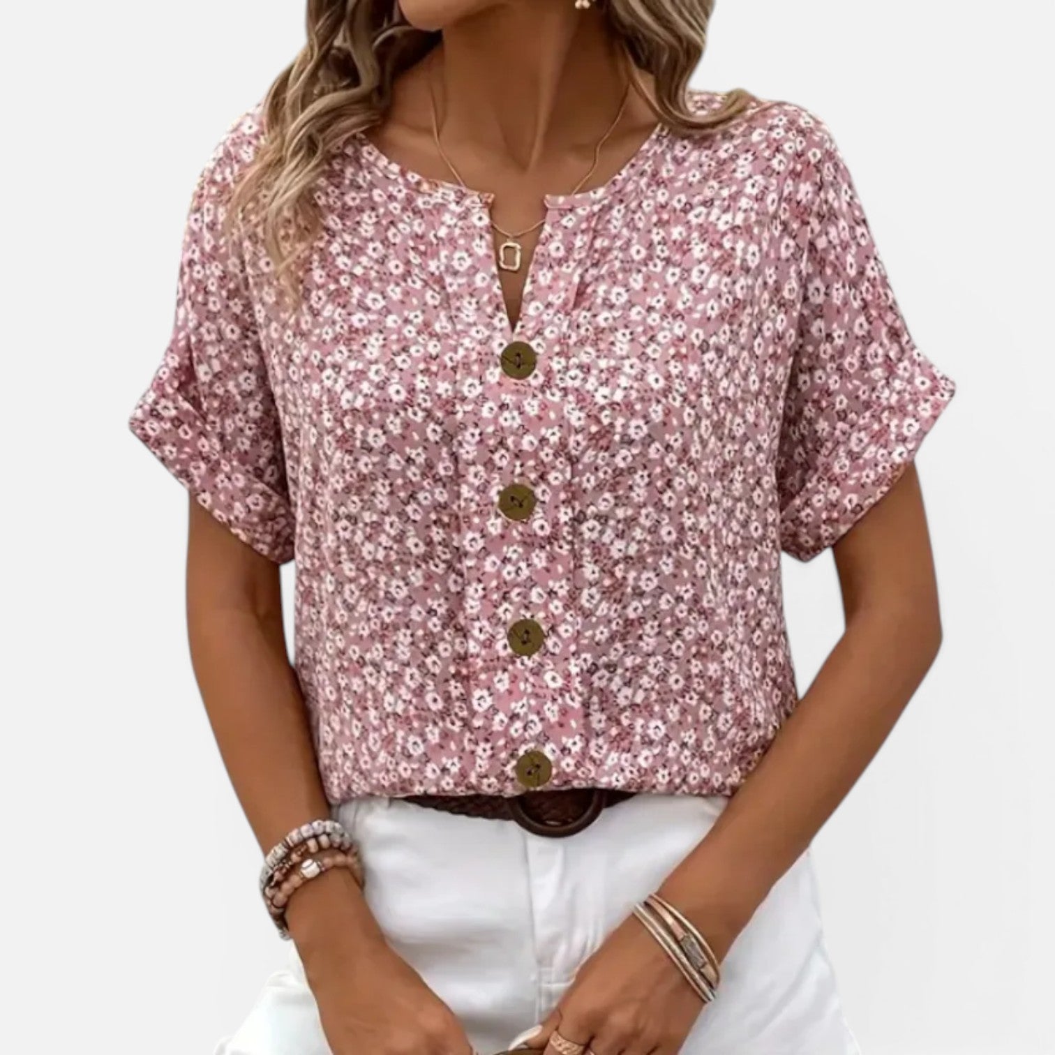 Women's Floral Button-Up Blouse Lightweight Short Sleeve Top