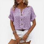 Women's Floral Button-Up Blouse Lightweight Short Sleeve Top