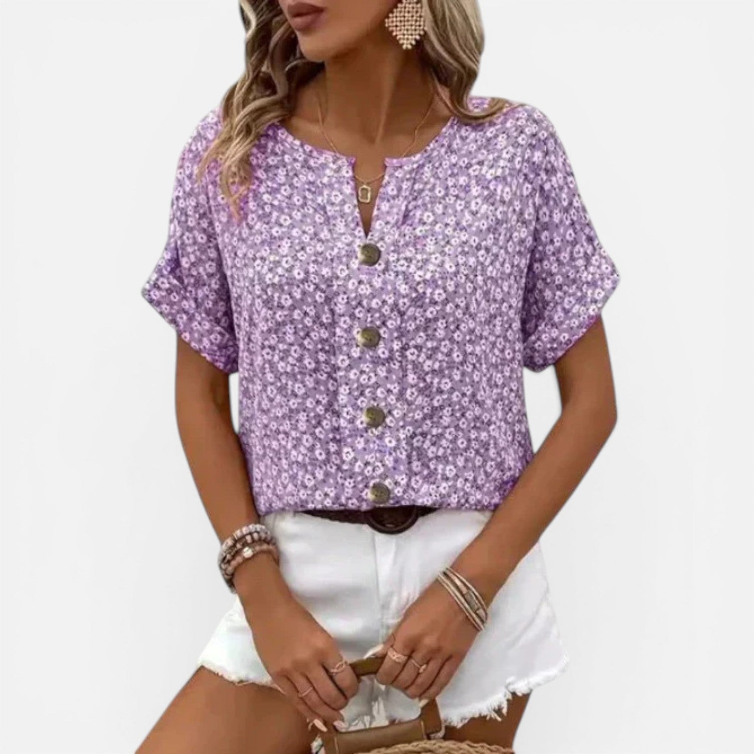 Women's Floral Button-Up Blouse Lightweight Short Sleeve Top