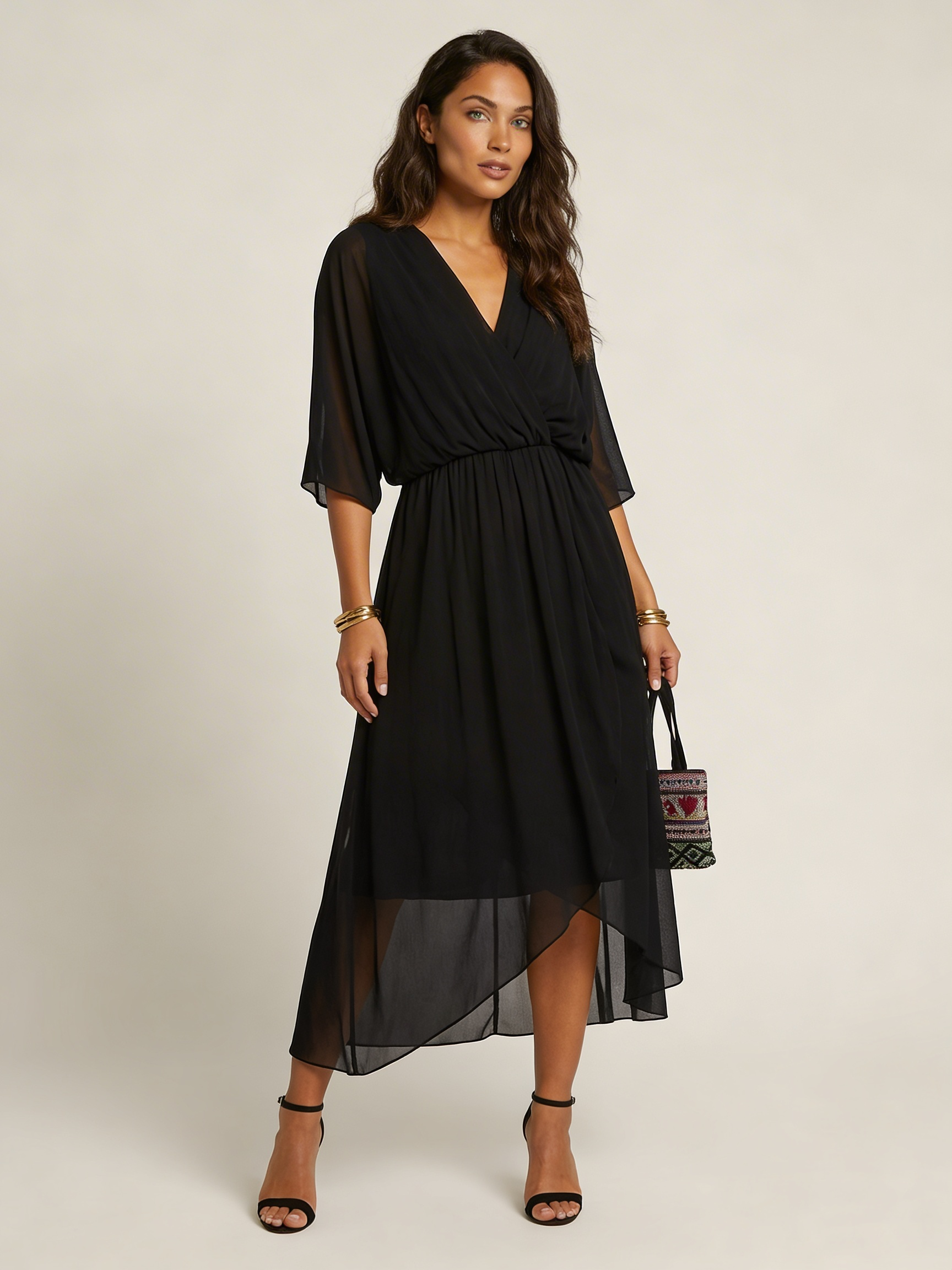 Women's Flowy Wrap Midi Dress with Tie Waist