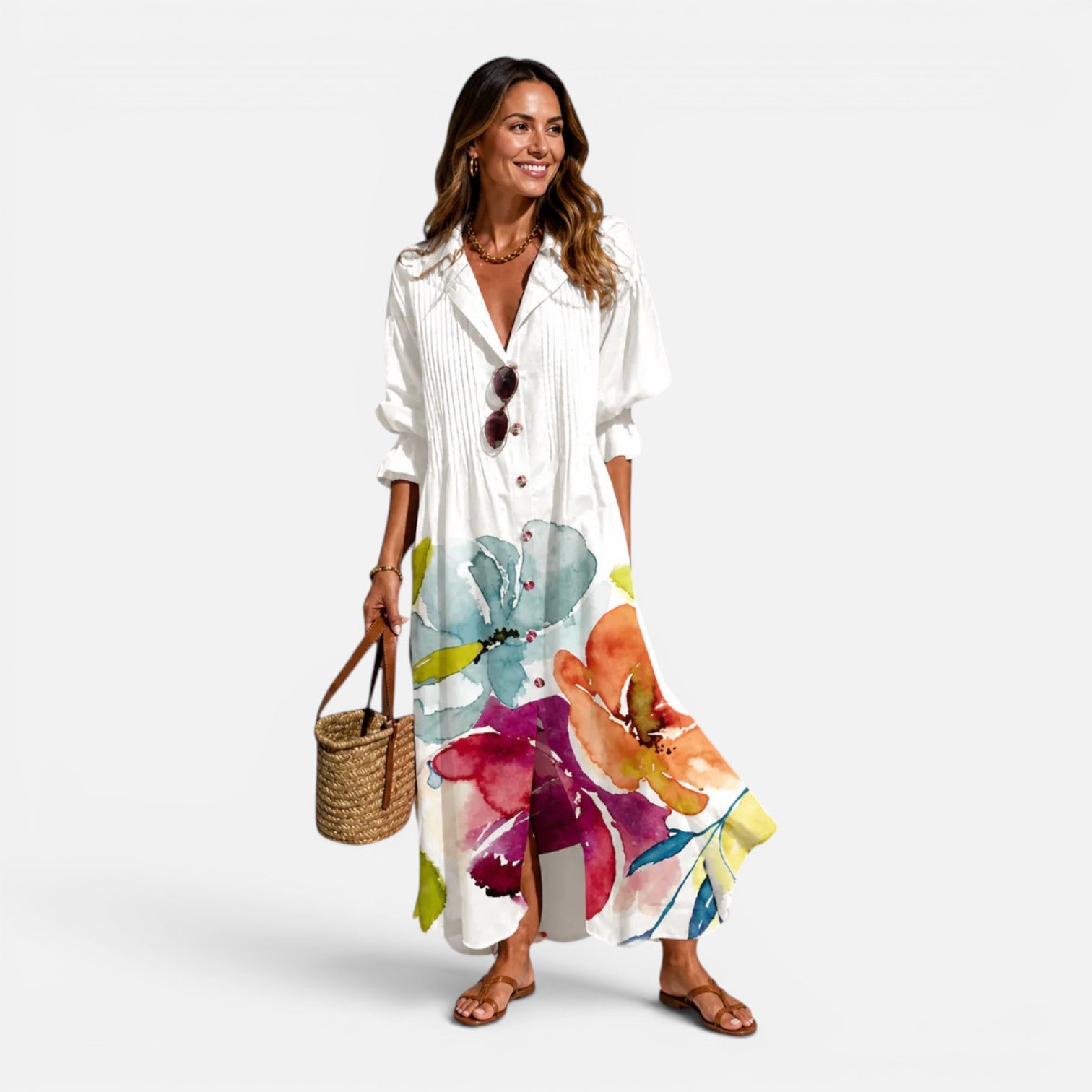 Women’s Printed Button Front Maxi Shirt Dress