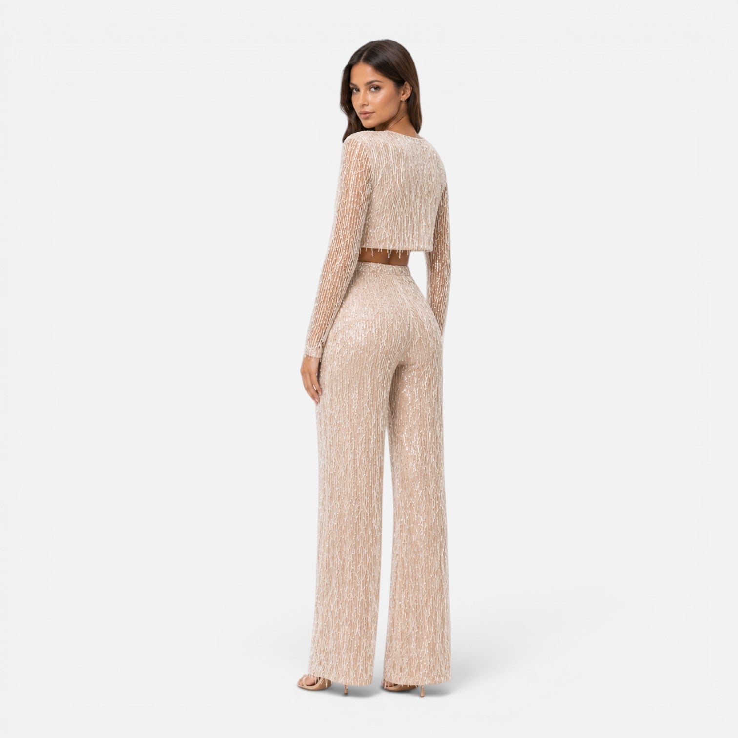 Maison Straver | Women’s Sequin Two Piece Set Crop Top Wide Leg Pants Evening Outfit