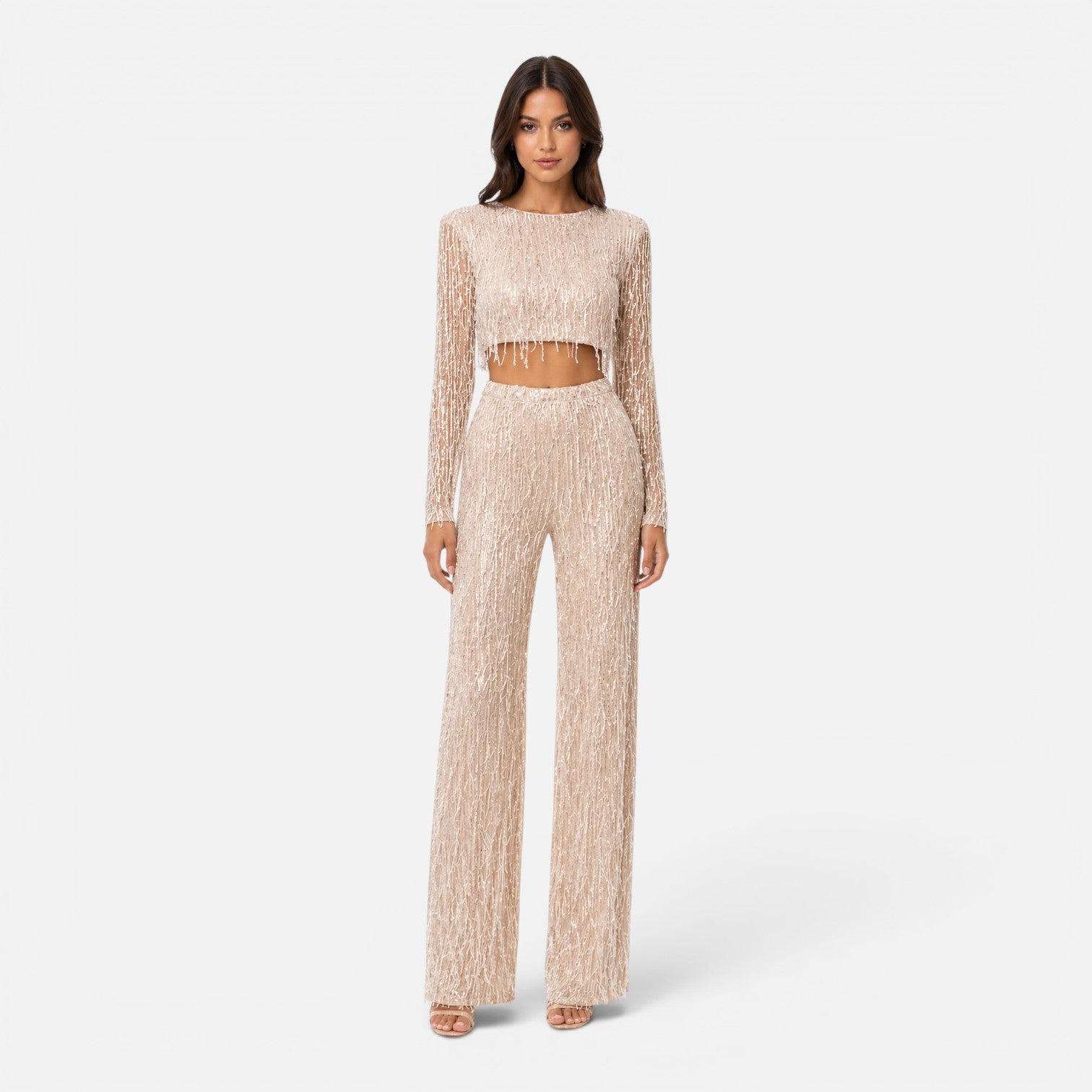 Maison Straver | Women’s Sequin Two Piece Set Crop Top Wide Leg Pants Evening Outfit