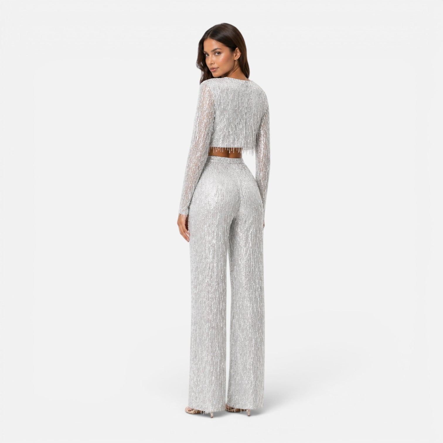 Maison Straver | Women’s Sequin Two Piece Set Crop Top Wide Leg Pants Evening Outfit