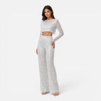 Maison Straver | Women’s Sequin Two Piece Set Crop Top Wide Leg Pants Evening Outfit