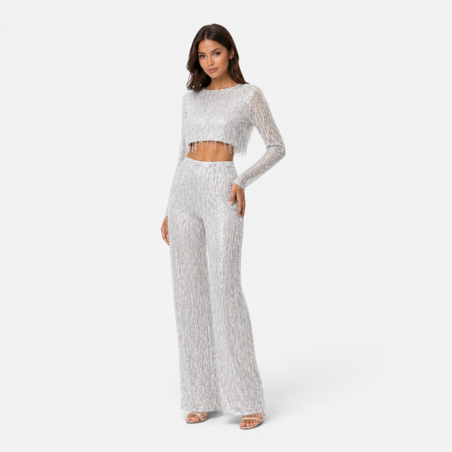 Maison Straver | Women’s Sequin Two Piece Set Crop Top Wide Leg Pants Evening Outfit