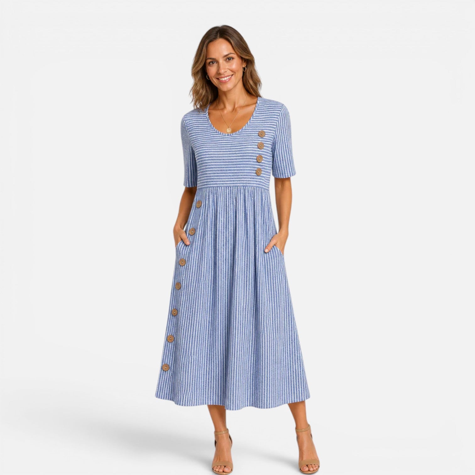 Women's Striped Button Midi Dress