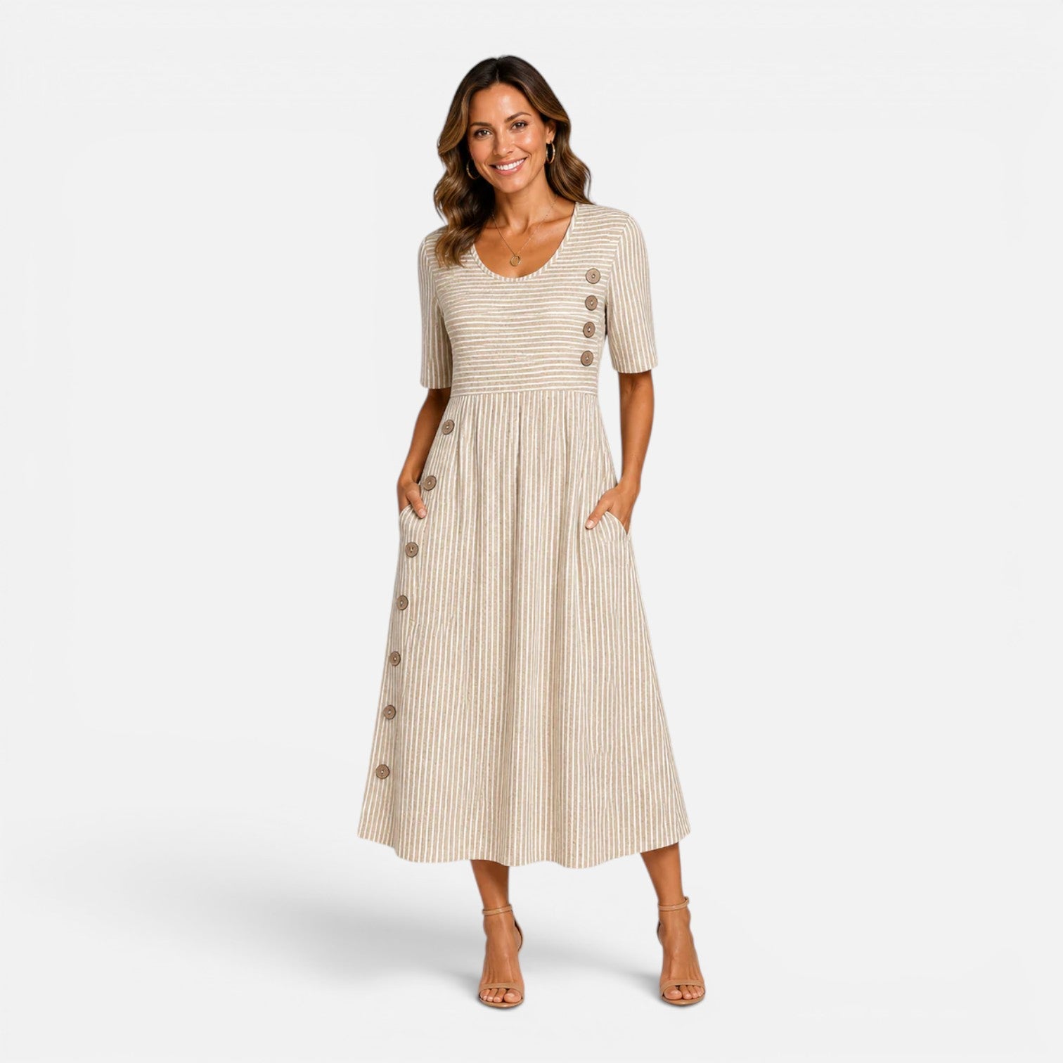 Women's Striped Button Midi Dress