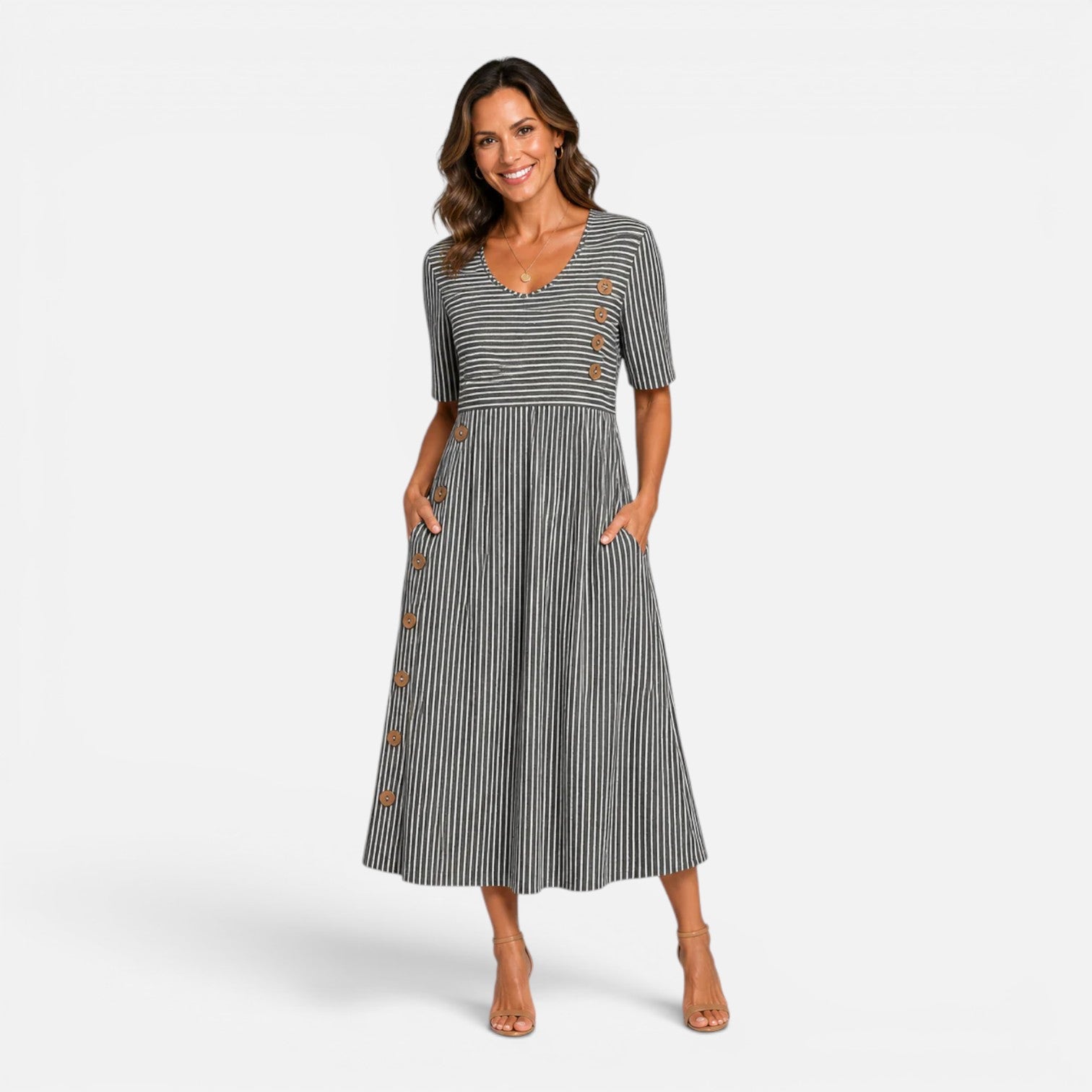 Women's Striped Button Midi Dress
