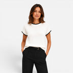 Women's Contrast Trim Knit Top Short Sleeve Relaxed Fit