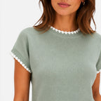 Women's Contrast Trim Knit Top Short Sleeve Relaxed Fit
