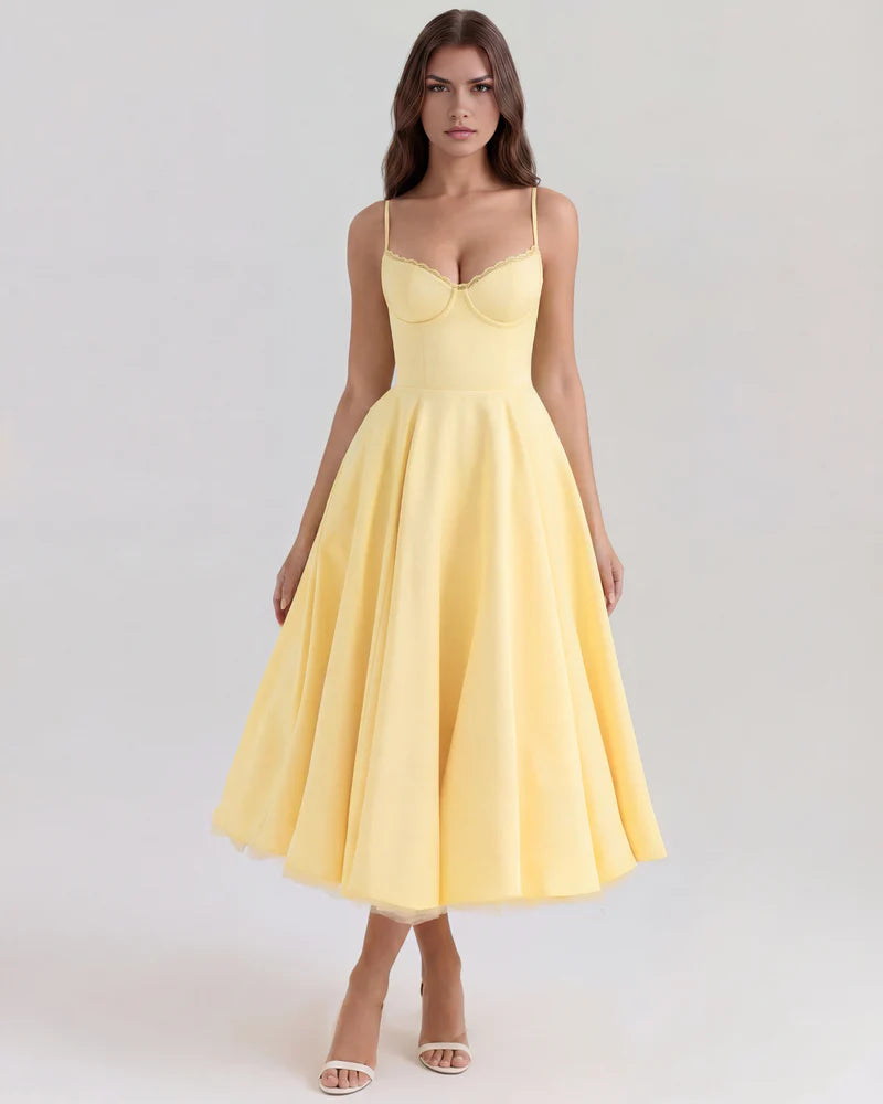 Women’s Corset Midi Dress with Tulle Skirt