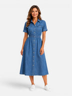 Women's Denim Midi Dress – Button Front Shirt Dress