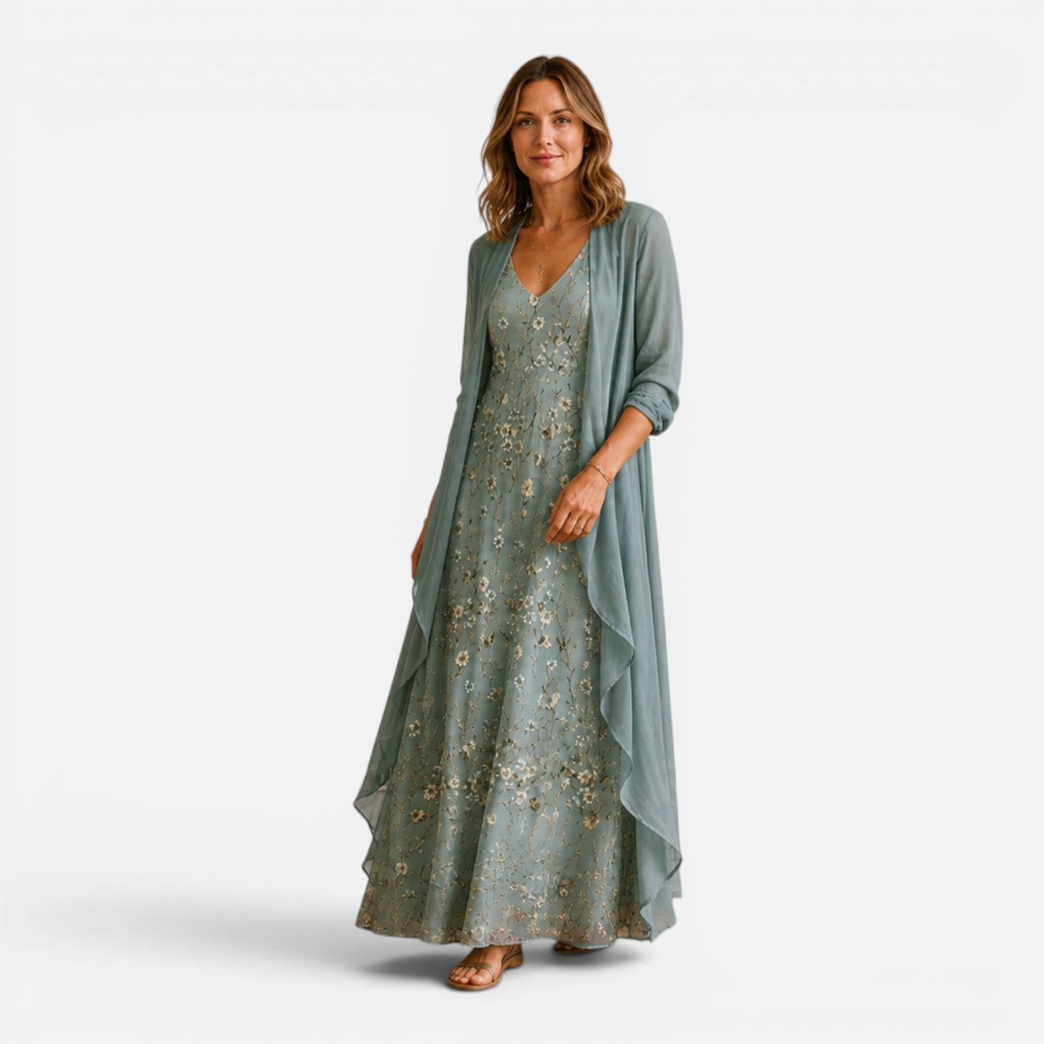 Women's Embroidered Maxi Dress and Chiffon Jacket Set