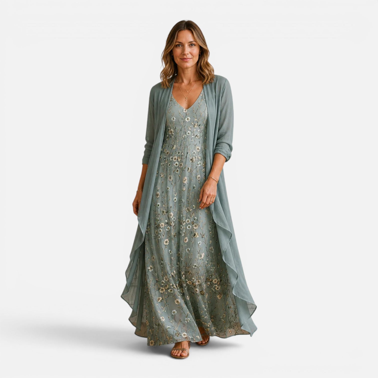 Women's Embroidered Maxi Dress and Chiffon Jacket Set
