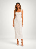 Women's Floral Midi Dress – Square Neck Sleeveless Wedding Guest Dress