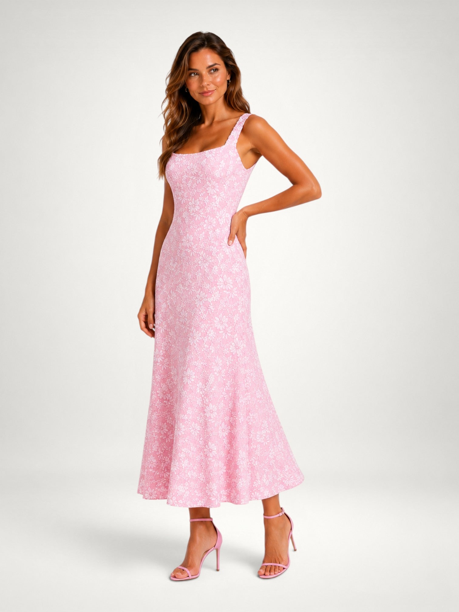 Women's Floral Midi Dress – Square Neck Sleeveless Wedding Guest Dress