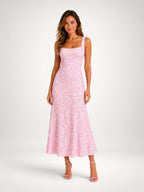 Women's Floral Midi Dress – Square Neck Sleeveless Wedding Guest Dress