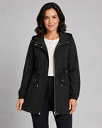 Women’s Hooded Trench Coat – Drawstring Waist Zip Jacket