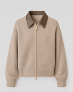 Women’s Knit Zip Cardigan with Leather Collar