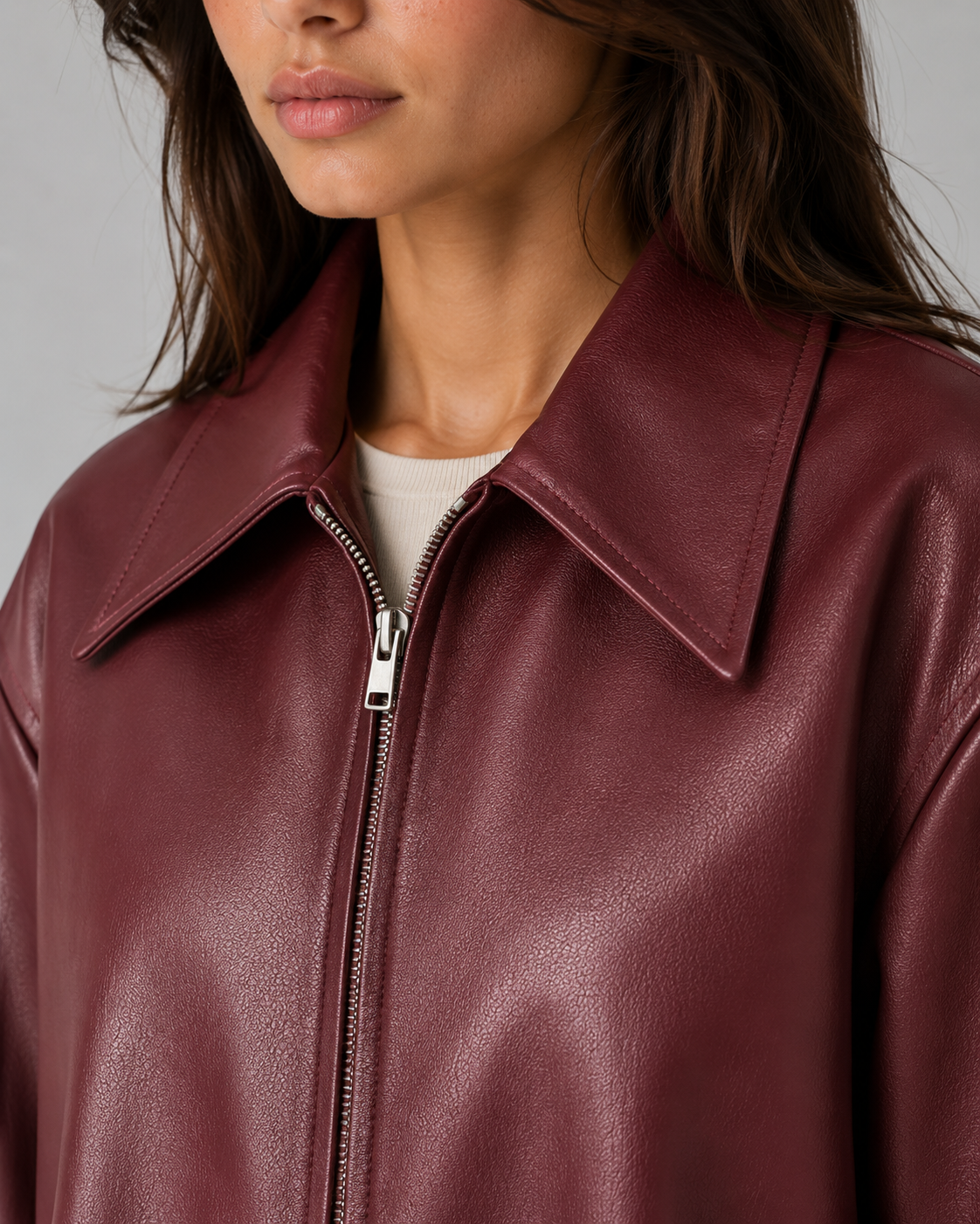 Women’s PU Leather Cropped Jacket – Zip Front Relaxed Fit