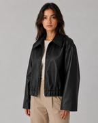 Women’s PU Leather Cropped Jacket – Zip Front Relaxed Fit