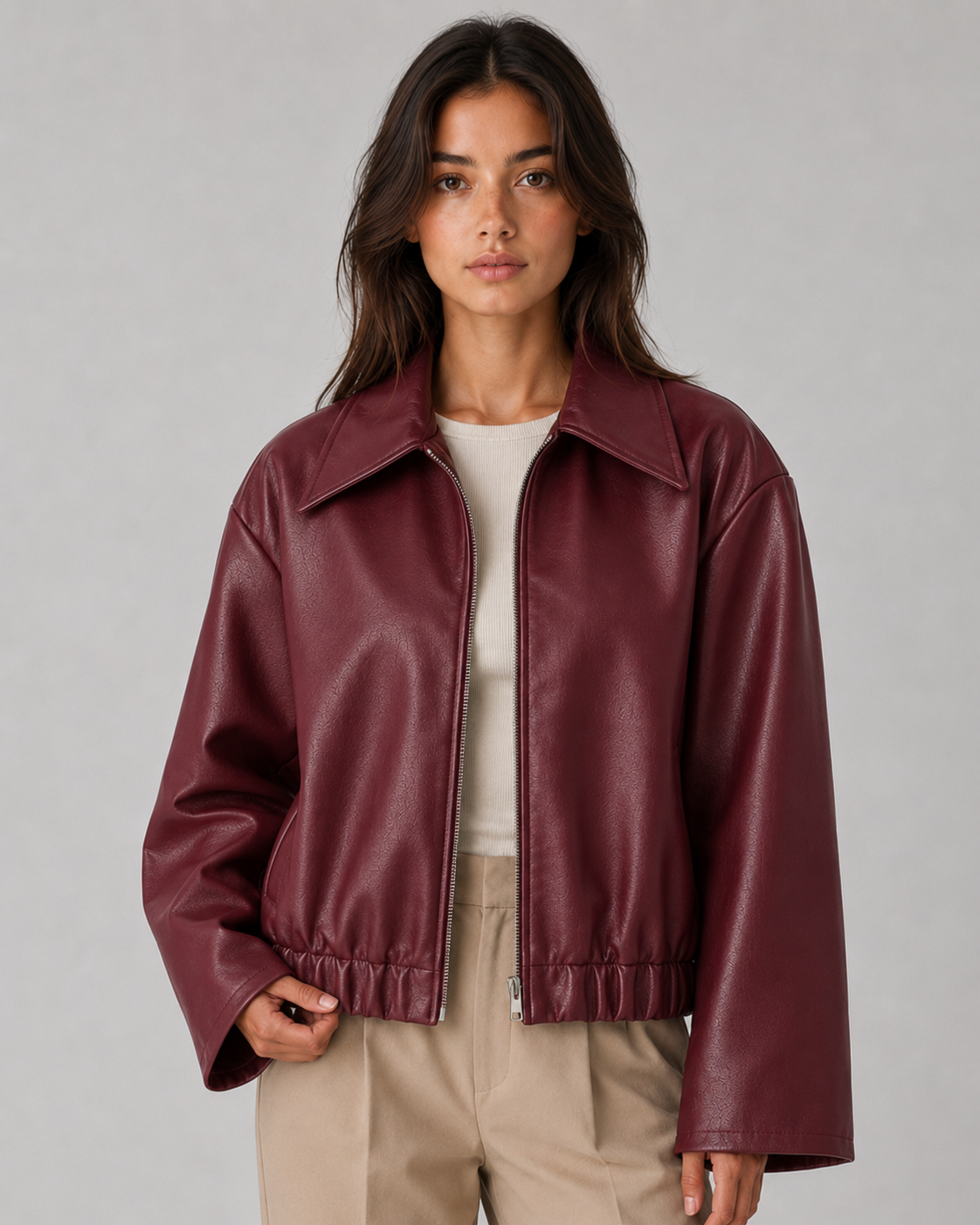 Women’s PU Leather Cropped Jacket – Zip Front Relaxed Fit