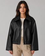 Women’s PU Leather Cropped Jacket – Zip Front Relaxed Fit