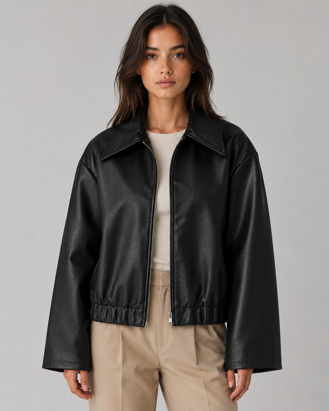 Women’s PU Leather Cropped Jacket – Zip Front Relaxed Fit