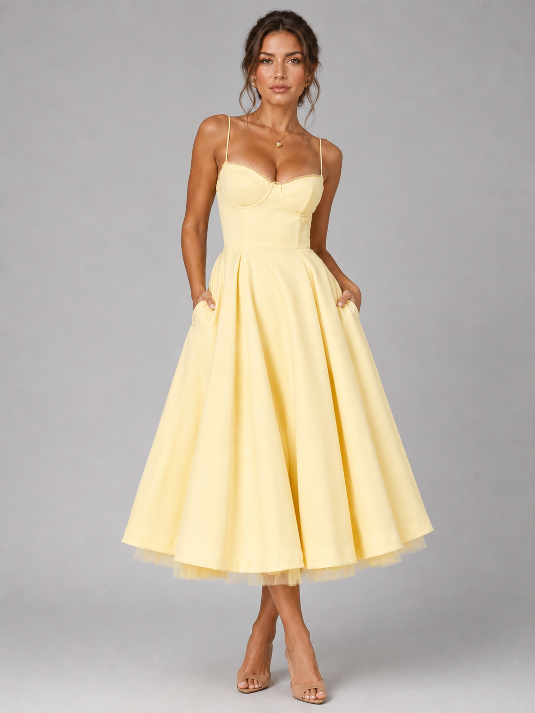 Women's Corset Midi Dress Strapless Full Skirt Occasion Dress