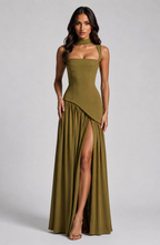 Women's One Shoulder Maxi Dress High Side Slit Elegant Fit