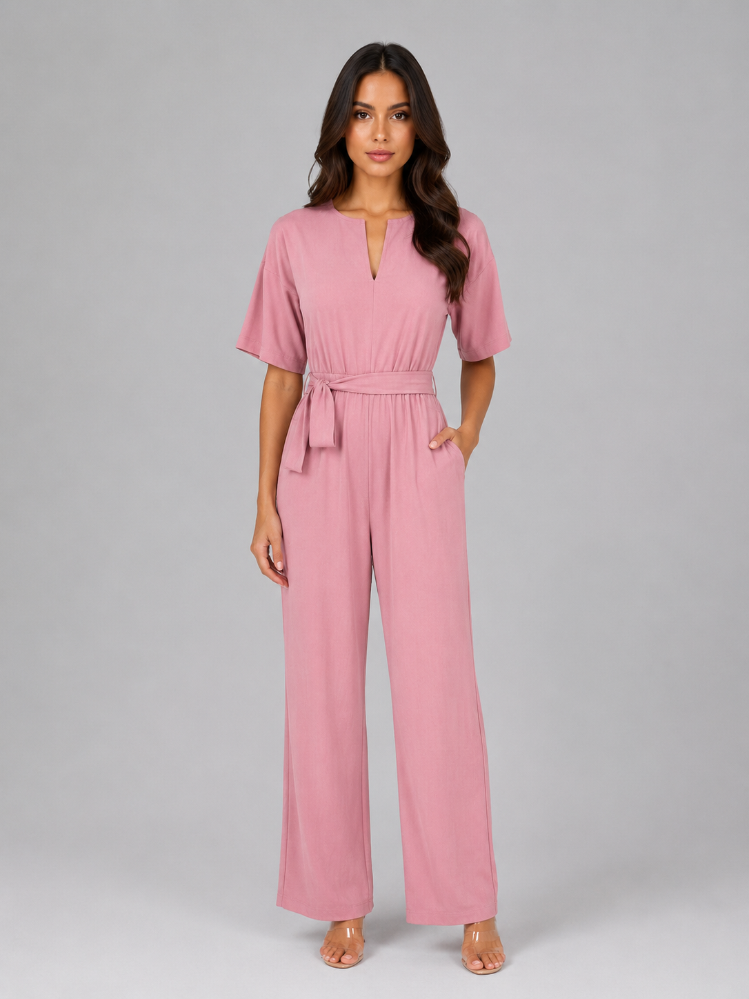 Women's Wide Leg Jumpsuit with Tie Waist – Casual Everyday One-Piece